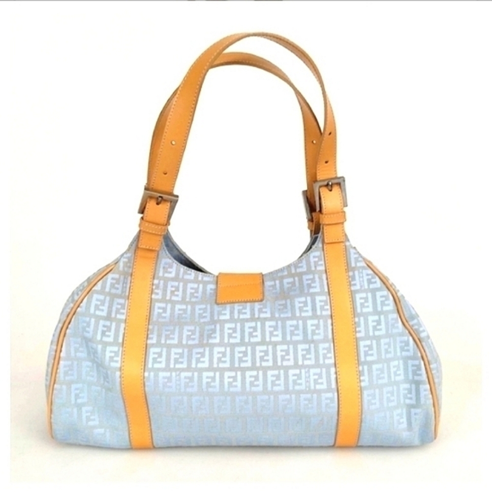 Fendi FF Monogram Blue Gray Zucchino Canvas Leather Baguette Shoulderbag Vintage - Picture 3 of 10